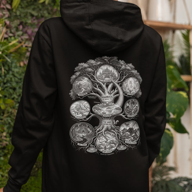 Detailed Norse mythology illustration of Yggdrasil and the Nine Worlds on a black hoodie.