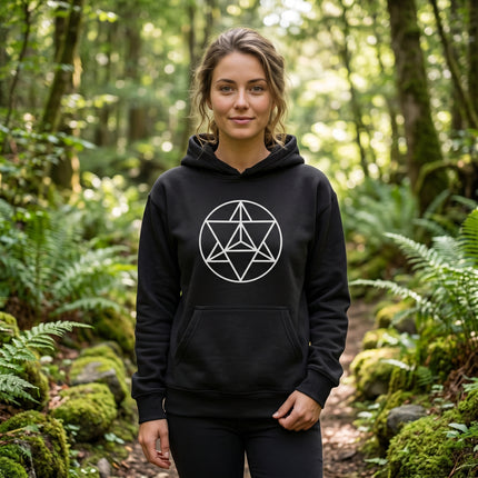 Merkaba sacred geometry hexagram graphic on black unisex pullover hoodie.