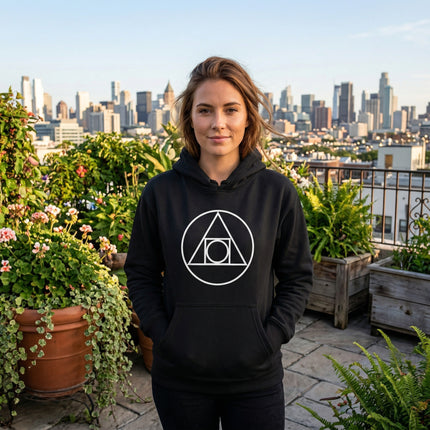 Black hoodie featuring a white sacred geometry symbol for alchemy and the Philosopher's Stone.