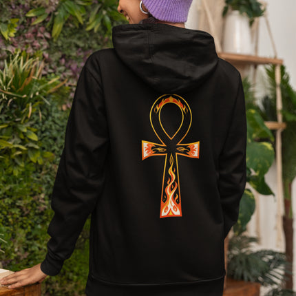 Black hoodie with a fiery Ankh symbol. Egyptian life symbol streetwear apparel.