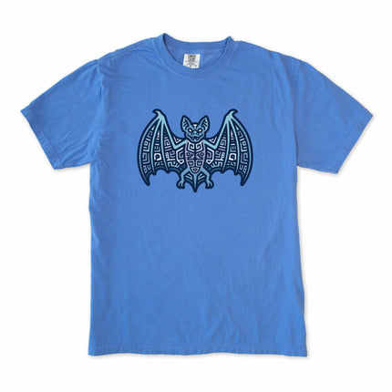 Blue and indigo t-shirt featuring a geometric Mayan Bat Symbol tribal graphic print.