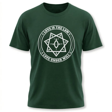 Love Is The Law sigil on a dark green occult t-shirt featuring the Star of Babalon symbol.
