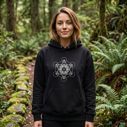 Black hoodie featuring Metatron's Cube sacred geometry graphic print.