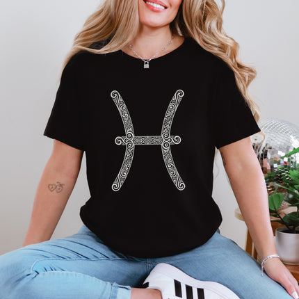 Pisces Zodiac T-Shirt | Ornate Tribal Style Astrology Symbol Tee Shirt