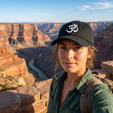 Black dad hat featuring the embroidered Om symbol for spiritual style.