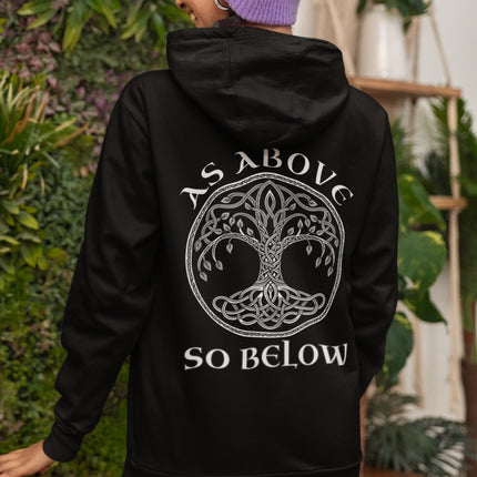 As Above So Below Celtic Tree of Life design on a black hoodie.