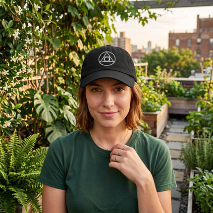 Black baseball cap with white embroidered sacred geometry symbol.