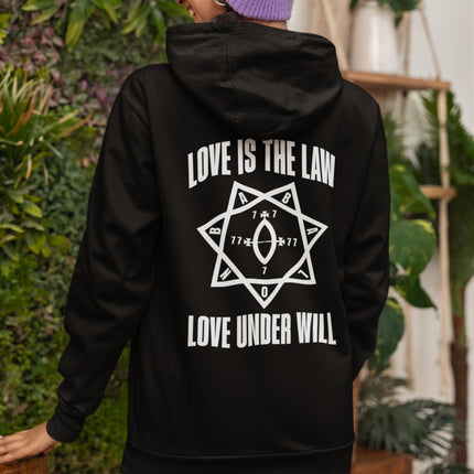 Black hoodie featuring the Love Is The Law and Love Under Will occult symbol print.