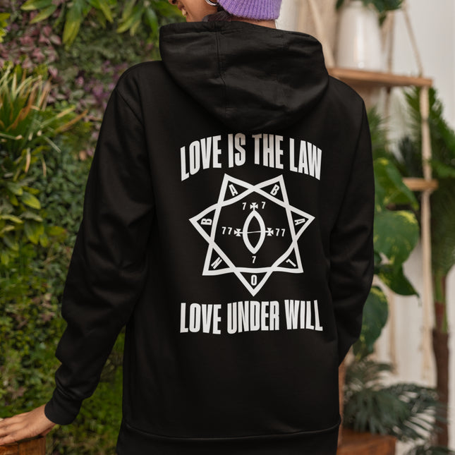 Black hoodie featuring the Love Is The Law and Love Under Will occult symbol print.