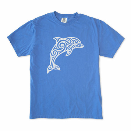 Dolphin tribal art t-shirt with swirling ocean graphics and oceanic patterns.