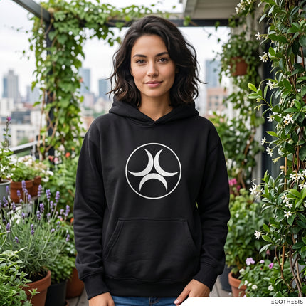 Celtic Triple Moon symbol graphic on a black unisex pullover hoodie. Pagan goddess apparel.