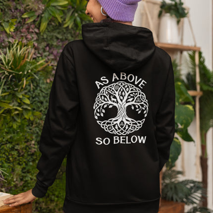 Tree of Life Celtic knot hoodie with "As Above So Below" spiritual symbolism.