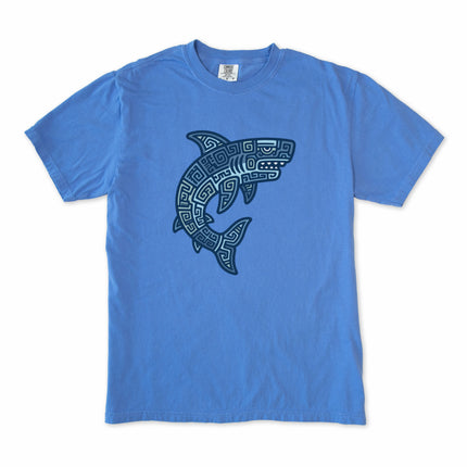 Tribal blue shark graphic tee featuring Mayan geometric ocean art design.
