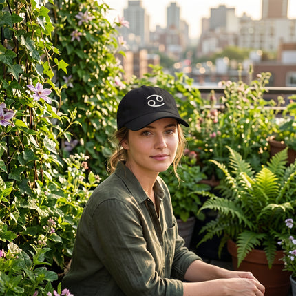 Embroidered Cancer zodiac sign baseball cap in black.