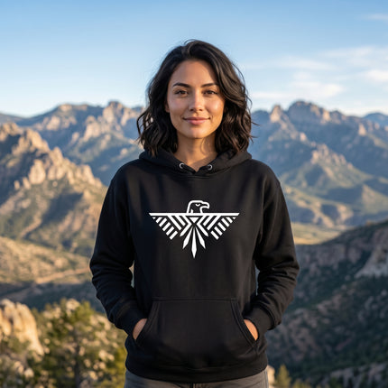 Geometric Thunderbird eagle graphic on a black unisex hoodie.