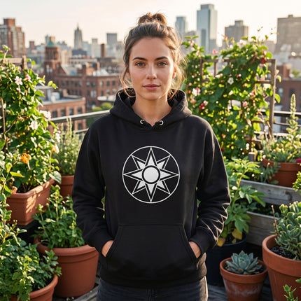 Black hoodie featuring the Ishtar Star symbol, an 8-pointed Mesopotamian goddess graphic.