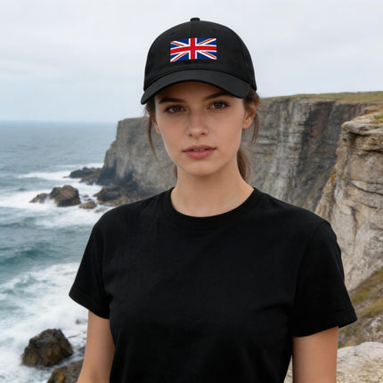 Black Union Jack baseball cap featuring the British flag design. UK pride accessory.