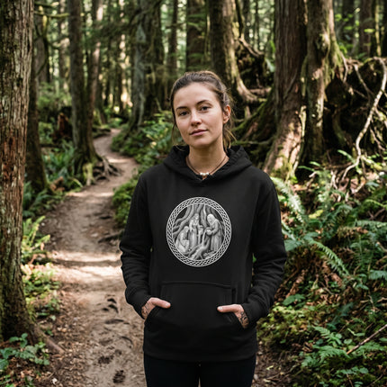 Norns Fate Weavers Norse Mythology graphic on a black unisex pullover hoodie.
