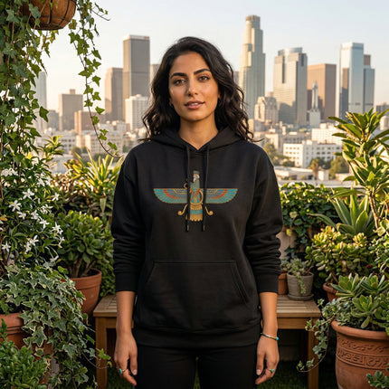 Faravahar Zoroastrian symbol graphic on a black unisex hoodie. Ancient Persian cultural apparel.