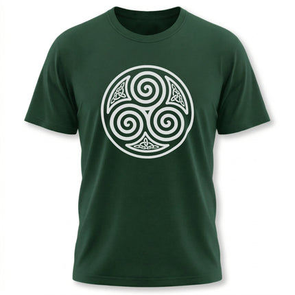 Celtic triskelion knotwork design on a dark green unisex t-shirt.