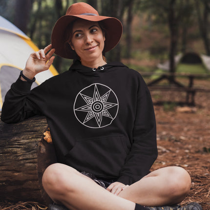 Unisex pullover hoodie featuring Star of Ishtar and Mesopotamian Goddess graphic art print.