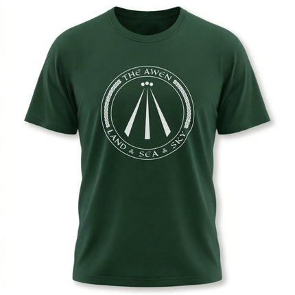 Celtic Awen symbol t-shirt featuring Land, Sea, and Sky text in a circular design.