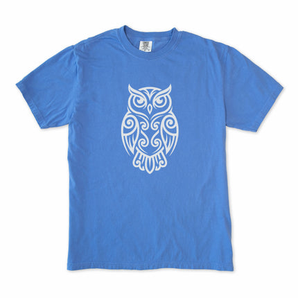 Tribal owl graphic tee featuring intricate Celtic knotwork and wisdom symbolism.