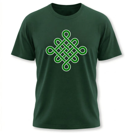 Dark green t-shirt featuring a bright green Celtic knotwork symbol design.