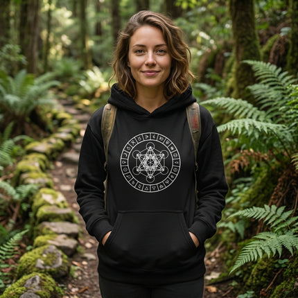Metatron's Cube sacred geometry hoodie featuring esoteric symbols and divine cosmic patterns.