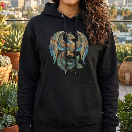 Vibrant Homa Bird phoenix graphic print on a black unisex pullover hoodie.
