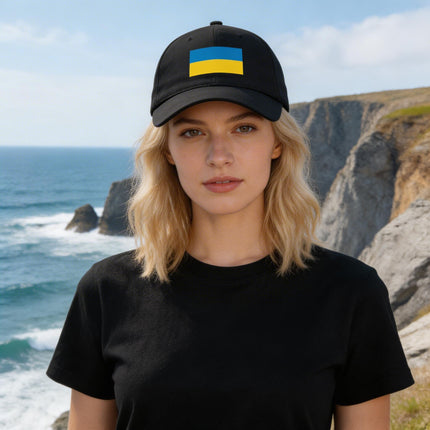 Black baseball cap featuring the blue and yellow Ukrainian flag design.