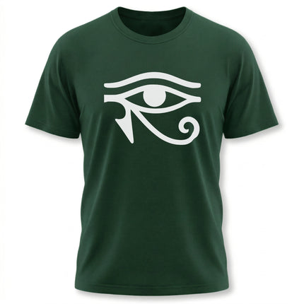 Eye of Horus Egyptian symbol graphic on a dark green unisex t-shirt.