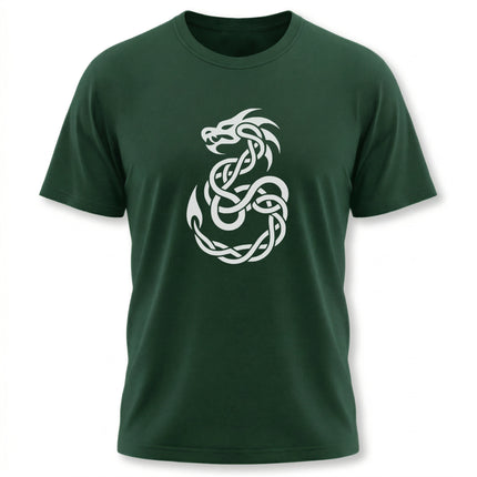 Celtic knotwork dragon graphic on a dark green unisex t-shirt.