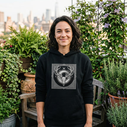 Stag Skull Art Hoodie - Antler Crown with Moon Occult Nature Design