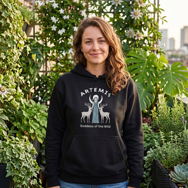 Artemis Goddess of the Wild graphic on a black hoodie, featuring deer and Greek mythology art.