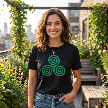 Celtic Triskele triple spiral graphic tee shirt in green on black.