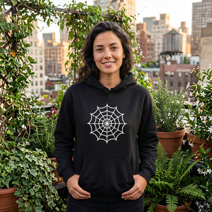 Black gothic hoodie featuring a minimalist white spider web graphic print.