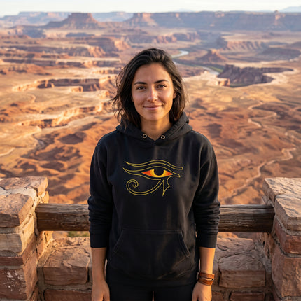 Black hoodie with gold Eye of Ra graphic, featuring the ancient Egyptian symbol.