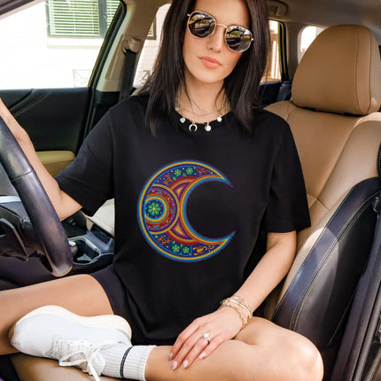 Vibrant Huichol Moon T-Shirt | Colorful Mexican Folk Art Indigenous Design