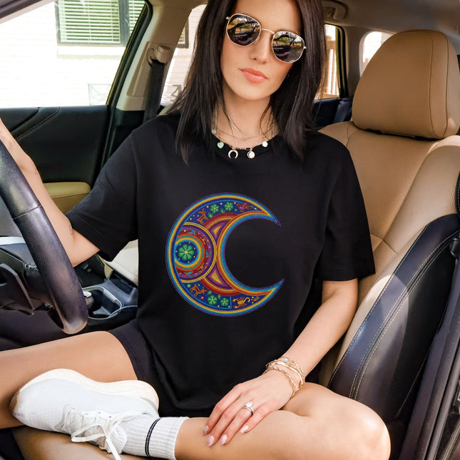 Vibrant Huichol Moon T-Shirt | Colorful Mexican Folk Art Indigenous Design
