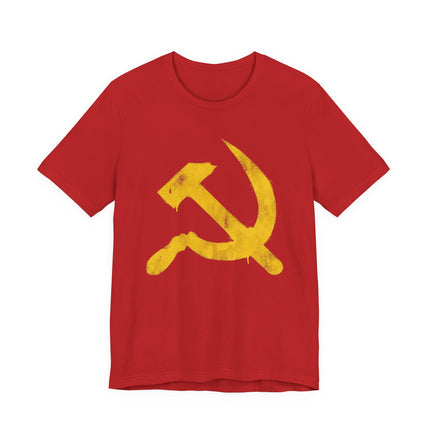 Red t-shirt featuring a yellow graffiti hammer and sickle communist symbol.