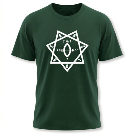 Star of Babalon occult symbol graphic tee on a dark green unisex shirt.