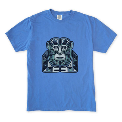 Mayan Monkey Geometric Tribal Art T-Shirt | Blue Green Ape Unisex Tee Shirt