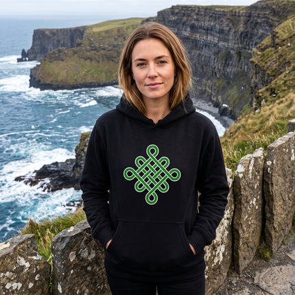 Black hoodie featuring a green Celtic Endless Knot symbol graphic.