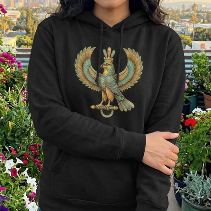 Stylized Shahbaz falcon graphic with intricate gold and blue detailing, symbolizing Persian mythology.