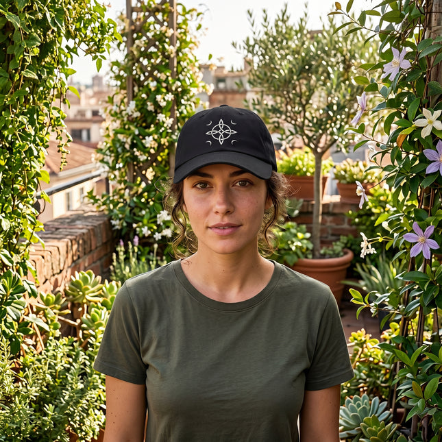 Black dad hat embroidered with witch's knot and crescent moon celestial symbols.