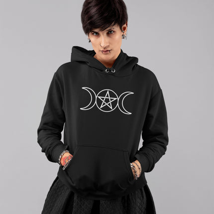 Wiccan hoodie featuring a triple moon and pentagram symbol on the chest. Unisex spiritual pullover fleece.