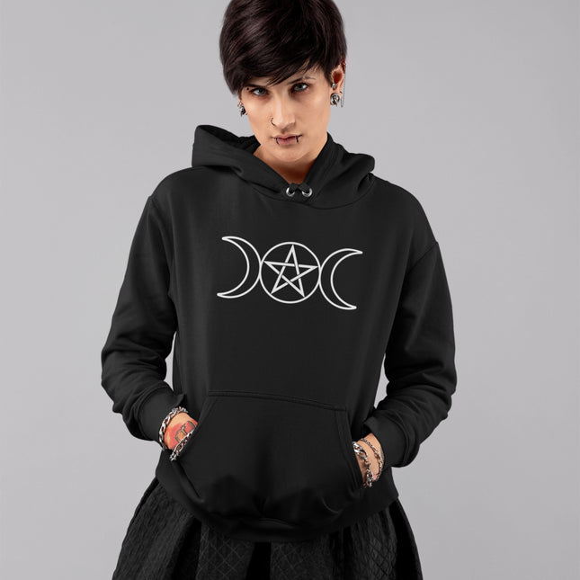 Wiccan Triple Moon & Pentagram Hoodie | Unisex Pentacle Pullover Fleece