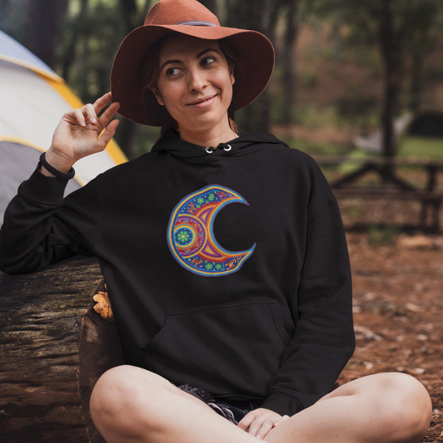 Huichol Moon Hoodie | Colorful Indigenous Art Crescent Pullover Hoodie