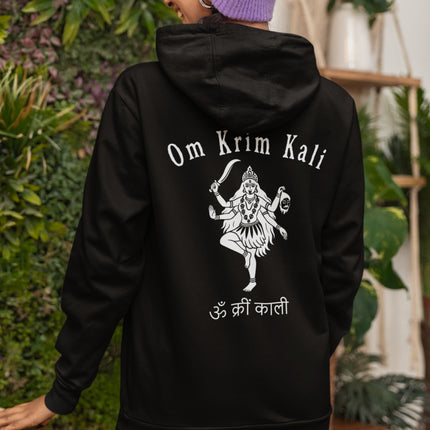 Om Krim Kali Goddess Kali art on black spiritual hoodie featuring Hindu mythology design.